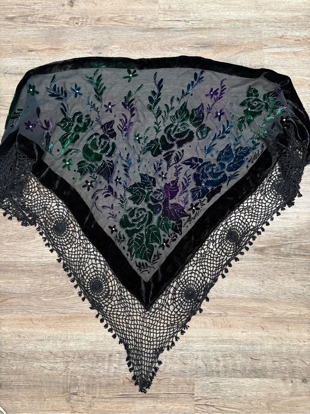 Chico's Black Velvet Trim Floral Sheer Scarf with Green, Blue, Purple Accents